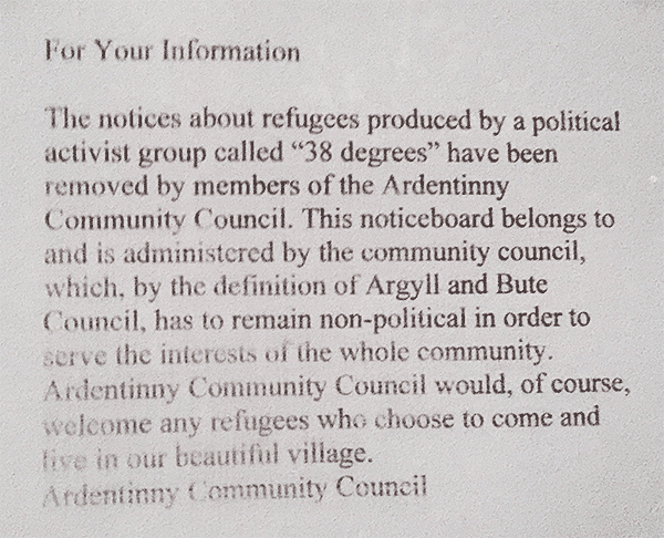 Community Council notice board ban on 38 Degrees refugee poster